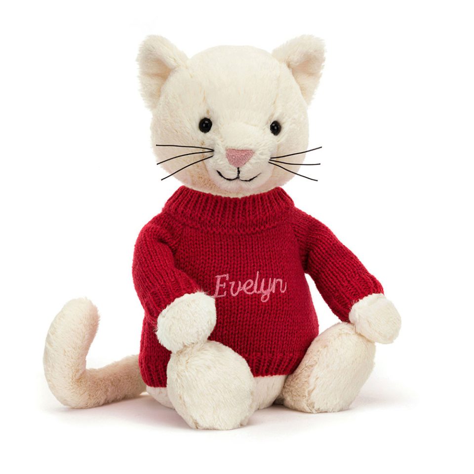 Bashful Cream Kitten with Personalised Red Jumper
